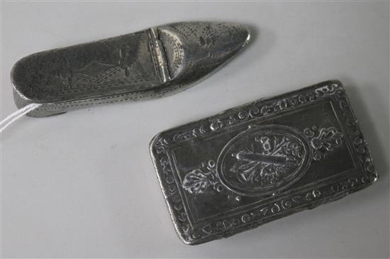 A pewter shoe snuff box and another 19th century snuff box